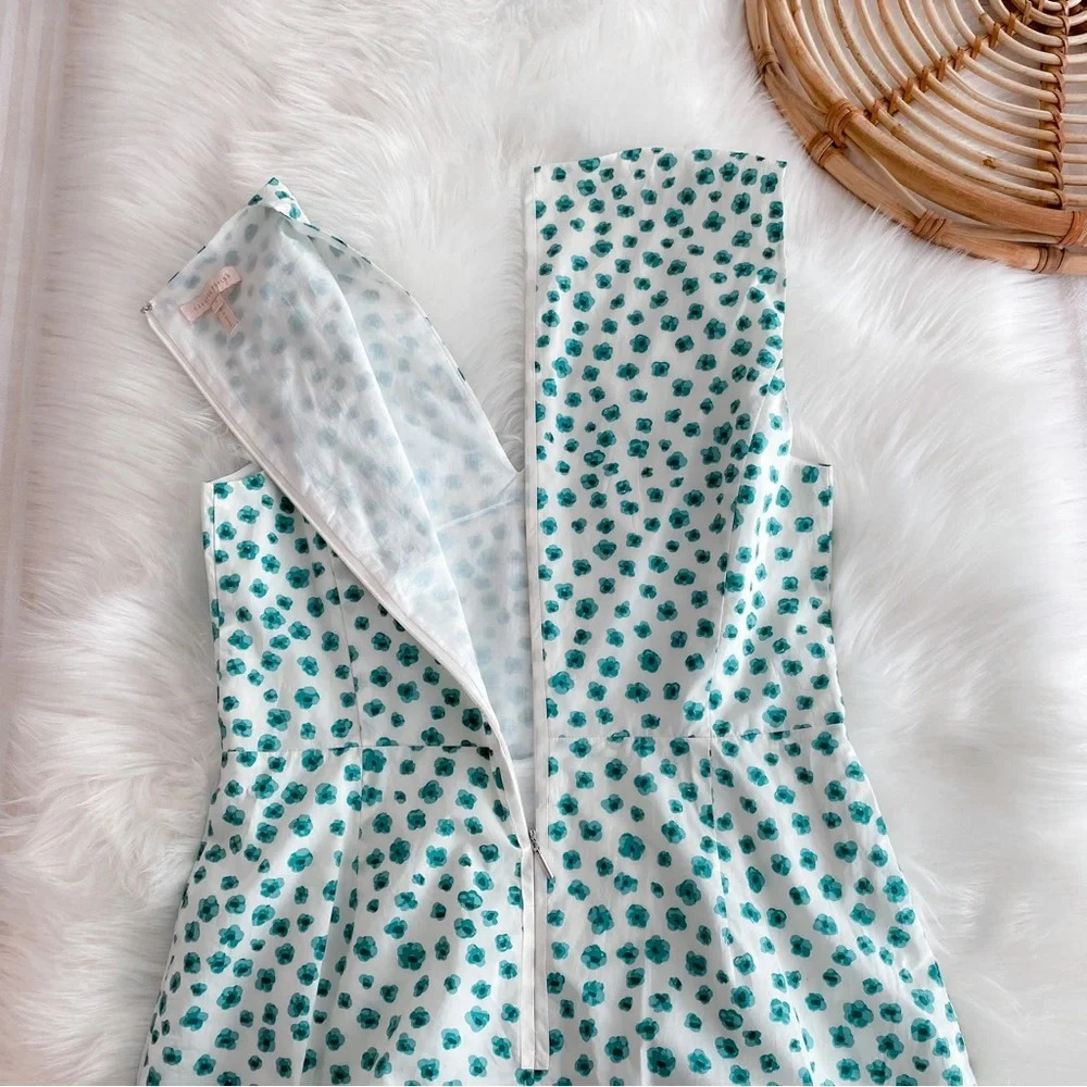 Rebecca Taylor Emerald Daisy Print Mini Dress Cream Green Floral Ruffle V-neck 4 - Picture 6 of 12